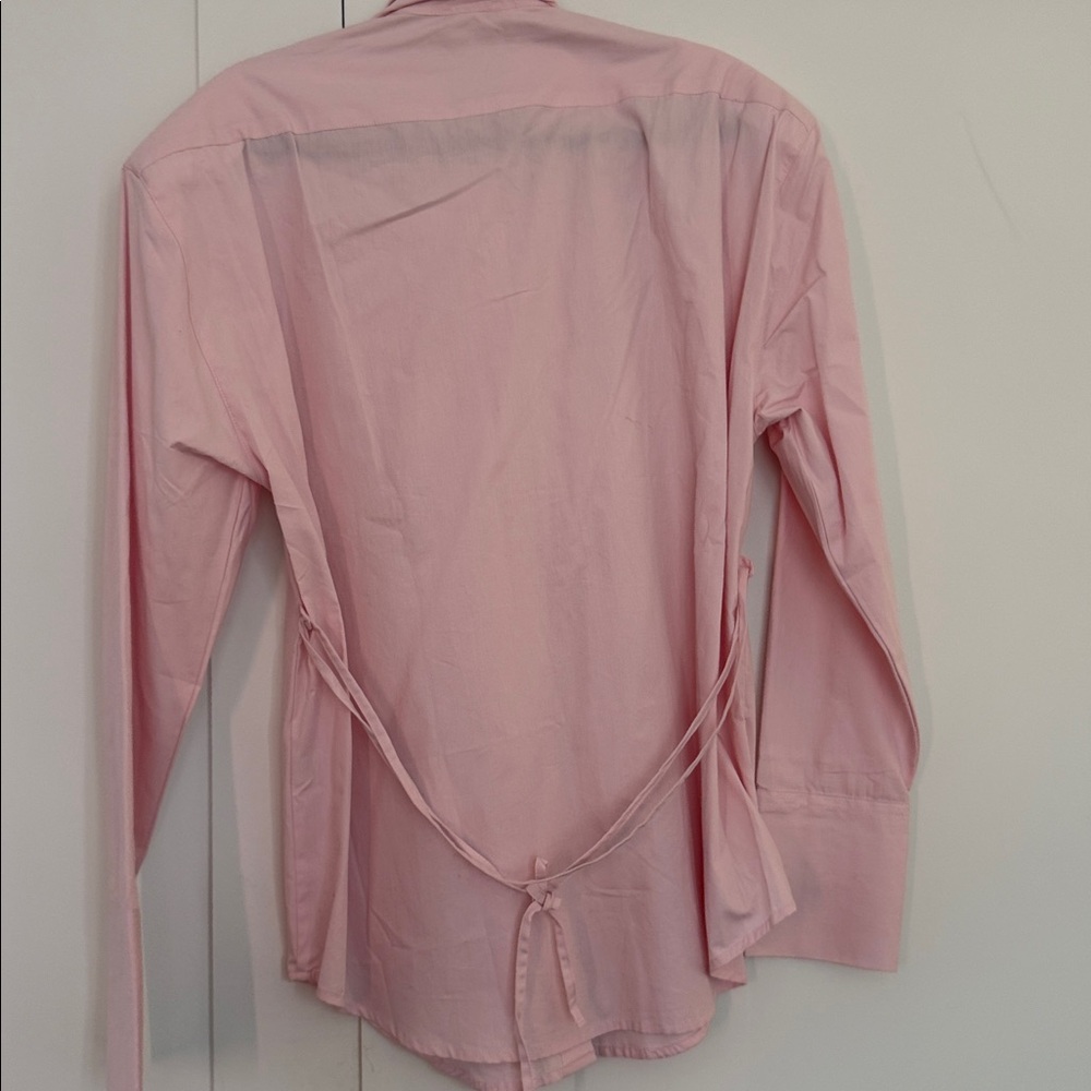 ASOS baby pink cinch waist shirt with shoulder pads and tie - Picture 4 of 7